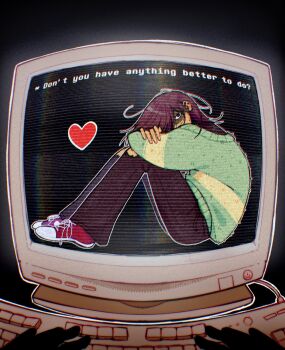 2others black_eyes brown_hair brown_pants chromatic_aberration commentary computer computer_keyboard crt deltarune english_commentary green_sweater heart highres im_vess kris_(deltarune) long_sleeves looking_at_viewer medium_hair multiple_others other_focus pants pov pov_hands red_shoes shaded_face shoes sneakers sweater torn_clothes torn_pants utdr_(toby_fox)