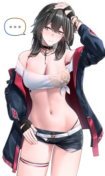 ... 1girl absurdres aether_gazer alternate_costume bare_shoulders black_choker black_gloves black_hair black_jacket black_shorts breasts choker cleavage closed_mouth commentary_request fingerless_gloves gloves grey_eyes hair_between_eyes hand_on_own_head hand_on_own_hip highres jacket korean_commentary large_breasts light_blush long_hair micro_shorts navel navel_piercing off_shoulder parvati_(aether_gazer) piercing pyeong_il shirt shorts sideways_glance simple_background solo spoken_ellipsis stomach thighs tied_shirt white_background white_shirt