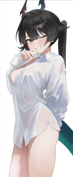 Rule 34 | 1girl, absurdres, arknights, arknights: endfield, black eyes, black hair, breasts, chen qianyu (arknights), commentary, dragon horns, dragon tail, grin, highres, horns, kumari2311, long hair, looking at viewer, medium breasts, naked shirt, one eye closed, shirt, simple background, smile, solo, tail, wet, wet clothes, wet shirt, white background