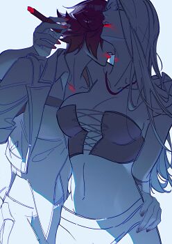 2girls absurdres blue_background breasts cleavage closed_eyes collarbone commentary cosmetics couple crop_top cropped_jacket devil_may_cry_(series) devil_may_cry_5 english_commentary faceless faceless_female hair_between_eyes hand_on_another's_hip highres holding holding_lipstick_tube imminent_kiss jacket kiss kissing_neck lady_(devil_may_cry) large_breasts leaning_on_person leaning_to_the_side lipstick lipstick_mark lipstick_tube long_hair makeup multiple_girls navel open_clothes open_jacket pants parted_lips partially_colored red_lips shade short_hair smeared_lipstick standing stomach trish_(devil_may_cry) upper_body warsong_zhange yuri