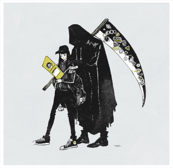 1boy 1girl backpack bag book charm_(object) converse death_(entity) full_body grey_background grim_reaper holding holding_book holding_scythe hood hood_up hoodie long_hair nagabe original scythe shoes simple_background skeleton sneakers spot_color standing