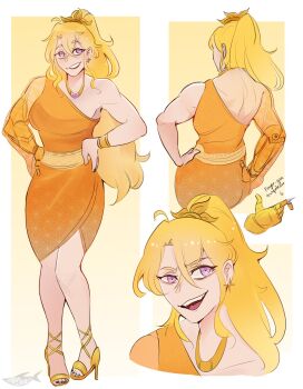 1girl ahoge armlet blonde_hair bracelet dress high_heels highres jewelry long_hair mechanical_arms multiple_views necklace orange_dress purple_eyes rwby sadscruffy sandals single_bare_shoulder single_mechanical_arm smile yang_xiao_long yellow_sandals