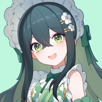 1girl :d bare_shoulders blush bonnet breasts collar colored_inner_hair crossed_bangs detached_sleeves floral_print floral_print_kimono flower-shaped_pupils flower_hairpin frilled_bonnet frilled_collar frills green_background green_eyes green_hair green_kimono green_ribbon hair_ribbon hashtag-only_commentary highres japanese_clothes kimono long_hair looking_at_viewer multicolored_hair neck_ribbon nijisanji open_mouth portrait print_kimono ribbon simple_background small_breasts smile solo symbol-shaped_pupils togawa_nonoha virtual_youtuber white_bonnet yukamoski