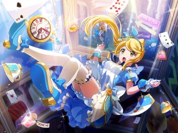 1girl alice's_adventures_in_wonderland alice_(alice_in_wonderland) alice_(alice_in_wonderland)_(cosplay) apron blonde_hair blue_dress blue_shoes blue_shorts card clock cosplay cup dress earrings falling frilled_dress frills game_cg gun handgun jaar jewelry official_art ootsuki_aruru open_mouth ponytail puffy_short_sleeves puffy_sleeves revolver shoes short_sleeves shorts shorts_under_dress shoujo_kageki_revue_starlight shoujo_kageki_revue_starlight_-re_live- sidelocks solo teacup thighhighs weapon white_apron white_thighhighs wrist_cuffs yellow_eyes