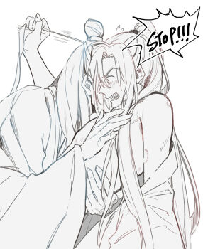 Rule 34 | 2boys, bare shoulders, bite mark, blush, chinese clothes, commentary request, english text, flying sweatdrops, greyscale, hair ribbon, hand on another's chest, hand up, hanfu, hickey, holding, holding ribbon, hug, implied sex, lan wangji, long hair, long sleeves, looking at another, looking down, male focus, modao zushi, monochrome, multiple boys, off shoulder, open clothes, open mouth, open robe, pectoral grab, ponytail, profile, ribbon, robe, simple background, speech bubble, surprised, teeth, topknot, very long hair, wei wuxian, white background, wide-eyed, wide sleeves, yaoi, ykmr (haga)