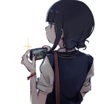 1girl black_hair blue_eyes blue_vest brown_hat cellphone daisi_gi fate/grand_order fate_(series) hat highres medium_hair phone shirt short_sleeves sidelocks solo utsumi_erice utsumi_erice_(over_the_same_sky) vest white_shirt