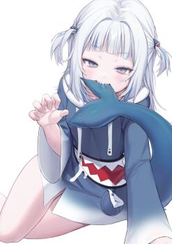 1girl absurdres biting biting_own_tail blue_dress blue_hair blunt_bangs blush commentary_request drawstring dress fins fish_tail gawr_gura grey_eyes half-closed_eyes highres hololive hololive_english hood hood_down long_hair long_sleeves looking_at_viewer p00nipooni paw_pose shark_girl shark_tail sharp_teeth simple_background smile solo tail tail_biting tail_in_mouth teeth two_side_up virtual_youtuber white_background white_hair
