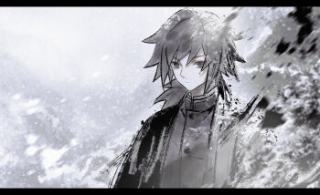 Rule 34 | 1boy, black hair, black jacket, blue eyes, buttons, closed mouth, hair between eyes, high collar, highres, jacket, kimetsu no yaiba, koala rin, letterboxed, long hair, low ponytail, male focus, muted color, ponytail, serious, snow, solo, spiked hair, tomioka giyuu, upper body