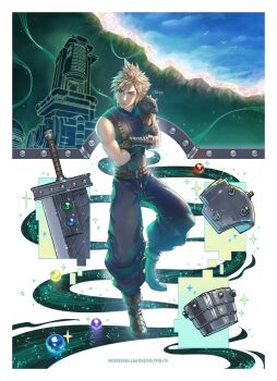 Rule 34 | 1boy, armor, baggy pants, belt, belt buckle, bird, blonde hair, blue eyes, blue sky, boots, bracelet, buckle, building, buster sword, cloud strife, commentary, crossed arms, english commentary, final fantasy, final fantasy vii, final fantasy vii remake, full body, highres, jewelry, lifestream, male focus, materia, micehellwd, multiple belts, pants, short hair, shoulder armor, signature, single bare shoulder, sky, sleeveless, sleeveless turtleneck, solo, sparkle, spiked hair, suspenders, sweater, turtleneck, turtleneck sweater