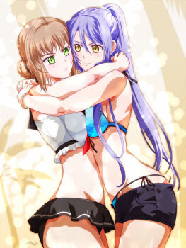 2girls artist_name bikini bikini_bottom_under_shorts bikini_skirt bikini_under_clothes blue_bikini blue_hair bob_cut braid breast_press breasts brown_hair bun_with_braided_base closed_mouth double-parted_bangs duvalie eiyuu_densetsu from_side front-tie_bikini_top front-tie_top frown green_eyes hair_between_eyes hair_bun hajimari_no_kiseki hug large_breasts laura_s._arseid light_frown long_hair long_single_sidelock midriff multiple_girls ponytail sen_no_kiseki sen_no_kiseki_(series) sen_no_kiseki_iv short_hair shorts side-tie_bikini_bottom single_hair_bun single_sidelock swimsuit xiacheng_tatsuya yellow_eyes