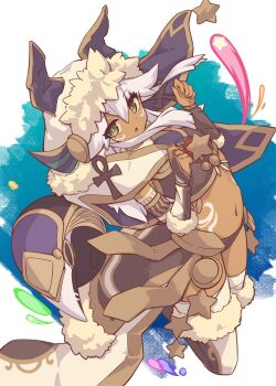 Rule 34 | 1girl, ankh, armlet, bandaged leg, bandages, body markings, bridal gauntlets, crop top, dark-skinned female, dark skin, fur-trimmed headwear, fur-trimmed legwear, fur trim, green eyes, highres, jewelry, kokutei n, navel, puzzle &amp; dragons, solo, sothis (p&amp;d), star (symbol), thighhighs, white hair