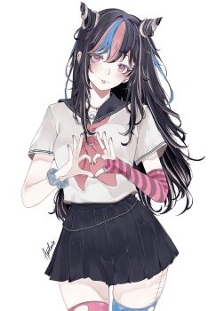 1girl apolonia-07 blush cowboy_shot danganronpa_(series) earrings fingernails gloves highres ibispaint_(medium) jewelry long_hair looking_at_viewer mioda_ibuki piercing pleated_skirt shirt simple_background skirt smile socks standing white_shirt