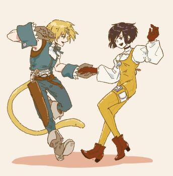 Rule 34 | 1boy, 1girl, bare shoulders, belt, black choker, blonde hair, blue eyes, blue pants, blue vest, blue wrist cuffs, bodysuit, boots, breasts, brown belt, brown eyes, brown hair, choker, couple, crystal, dancing, final fantasy, final fantasy ix, full body, garnet til alexandros xvii, gloves, grey background, grey footwear, grey gloves, hetero, highres, holding hands, jewelry, juliet sleeves, long sleeves, medium breasts, monkey tail, open mouth, orange bodysuit, pants, pendant, puffy long sleeves, puffy sleeves, red boots, red gloves, shirt, short hair, sleeveless, sleeveless shirt, smile, tail, thigh strap, underbust, vest, white shirt, wrist cuffs, yoshidaaaan, zidane tribal