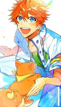 1boy absurdres akehoshi_subaru blue_eyes commentary daikichi_(ensemble_stars!) dog dongbackbyul ensemble_stars! green_shirt hair_between_eyes highres jacket looking_at_viewer male_focus official_alternate_costume open_mouth orange_hair pants shirt short_hair short_sleeves simple_background smile solo teeth upper_teeth_only white_background white_jacket white_pants
