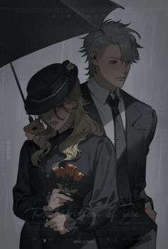 1boy 1girl black_dress black_hat black_jacket black_necktie black_suit bleach blonde_hair commentary commission dress english_commentary flower formal_clothes funeral_veil go_e_0000 grey_hair hand_in_pocket hat height_difference highres hitsugaya_toushirou hitsugaya_toushirou_(adult) holding holding_flower holding_umbrella jacket lips long_hair matsumoto_rangiku necktie rain second-party_source suit tulip twitter_username umbrella veil watermark