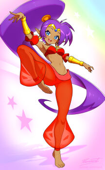 1girl arms_up barefoot big_hair blue_eyes blue_pupils breasts commentary dancer dark-skinned_female dark_skin english_commentary full_body high_ponytail highres long_hair looking_at_viewer medium_breasts navel pants ponytail red_pants revenantart shantae shantae_(series) shantae_advance:_risky_revolution signature smile standing standing_on_one_leg star_(symbol) teeth upper_teeth_only