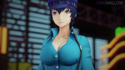 1girl 3d animated blue_hair breasts breasts_out female_focus large_breasts magmallow nipples no_bra open_clothes persona persona_4 popped_button purple_eyes shirogane_naoto shirt short_hair solo sound upper_body video wardrobe_malfunction