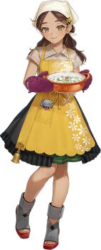 1girl apron bad_link bandana bell black_skirt boots brown_eyes brown_hair brown_shirt cooking_pot dark-skinned_female dark_skin elephant floral_print food full_body grey_boots kantai_collection long_hair looking_at_viewer multicolored_hair official_art open-toe_shoes oven_mitts porridge rudder_footwear sash shirt skirt solo streaked_hair sumino_(c2_kikan) thonburi_(kancolle) thonburi_(nanakusagayu)_(kancolle) transparent_background white_bandana yellow_apron yellow_sash