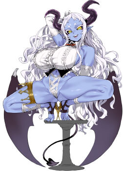 +_+ 1girl arm_up asanagi black_sclera blue_skin breasts colored_sclera colored_skin curled_horns demon demon_girl demon_horns demon_tail erlko_konig_(asanagi) frilled_leotard frills gloves has_a_figure highres horns huge_breasts lace-trimmed_leotard lace_trim leotard long_hair looking_at_viewer navel open_mouth original pointy_ears sharp_teeth shiny_skin simple_background sleeveless sleeveless_turtleneck smile solo spread_legs squatting tail teeth turtleneck very_long_hair white_background white_gloves white_hair