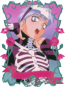 1boy absurdres bags_under_eyes bara black_bodysuit blue_eyes bodysuit chinese_commentary commentary_request flower gloves halloween hands_on_own_neck highres male_focus mane_(omedemidori) mask mask_on_head open_mouth original purple_hair red_flower skeleton_print solo transparent_background white_hair
