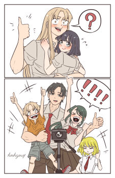 2boys 4girls black_hair blonde_hair blush bow bowtie brown_pants brown_skirt camera collared_shirt commentary_request flying_sweatdrops green_hair grey_eyes heart heart_in_mouth highres hoshizora_no_shita long_hair medium_hair multiple_boys multiple_girls necktie orange_shirt original pants pleated_skirt red_bow red_bowtie red_necktie school_uniform shirt short_hair skirt thumbs_up tripod white_shirt yellow_eyes yuri