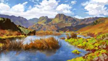 absurdres art_study blue_sky chinese_commentary cloud cloudy_sky commentary_request day grass highres landscape mountainous_horizon mr.watermelor no_humans original outdoors scenery sky stream water