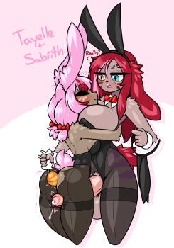 1futa 1girl anal anal_object_insertion animal_ears ass black_leotard blue_eyes breasts cleavage clothing_aside english_text erection fake_animal_ears final_fantasy final_fantasy_xiv furry futa_with_female futanari heterochromia highres hug huge_breasts huge_penis leotard leotard_aside limebreaker medium_breasts miqo&#039;te object_insertion pantyhose penis pink_hair playboy_bunny precum rabbit_ears rabbit_tail red_hair sabrith_ebonclaw sex_toy strapless strapless_leotard tayelle_ebonclaw testicles thigh_sex torn_clothes torn_pantyhose yellow_eyes