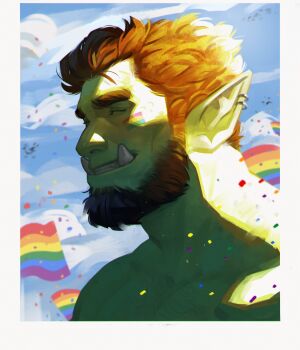 1boy absurdres axel_(axelwarriorvs) bara beard closed_eyes commentary english_commentary facial_hair full_beard highres lgbt_pride male_focus mature_male muscular muscular_male nude orc original portrait pride_month rainbow_flag ritter_(axelwarriorvs) short_hair smile solo sparse_chest_hair thick_beard tusks