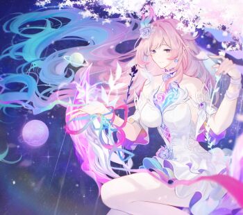 1girl aqua_hair bad_id bad_twitter_id bare_shoulders breasts commentary cyrene_(honkai:_star_rail) cyrene_(ripples_of_past_reverie)_(honkai:_star_rail) dress earrings flower hair_flower hair_ornament highres honkai:_star_rail honkai_(series) jewelry large_breasts long_hair multicolored_hair nem00chiiya pink_hair planet pointy_ears purple_eyes smile solo symbol-only_commentary thighs very_long_hair white_dress white_hair