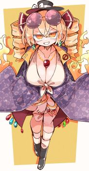 Rule 34 | 1girl, absurdres, black boots, blush, boots, bracelet, breasts, cleavage, collarbone, dress, drill hair, eyewear on head, full body, gold bracelet, grin, hair between eyes, hair ribbon, hands on own thighs, hat, highres, jacket, jewelry, large breasts, looking at viewer, massakasama, medium hair, multiple rings, necklace, orange eyes, orange hair, parted lips, purple jacket, ribbon, ring, round eyewear, smile, socks, solo, standing, sunglasses, teeth, touhou, twin drills, white dress, white socks, yorigami jo'on