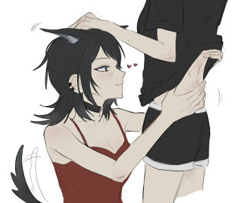 2girls animal_ears bang_dream! bang_dream!_it&#039;s_mygo!!!!! black_choker black_hair black_shirt black_shorts blue_eyes blush breasts camisole choker cleavage clothes_lift commentary dog_ears dog_girl dog_tail earclip hand_on_another&#039;s_waist heart highres medium_hair multiple_girls parted_lips red_camisole shiina_taki shirt shirt_lift shorts simple_background tail tail_wagging takenoonko white_background yahata_umiri yuri