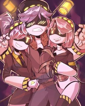 1boy 2girls blush claws coat glitch_productions glowing glowing_eyes hat j_(murder_drones) multiple_girls murder_drones n_(murder_drones) robot tail twintails v_(murder_drones)