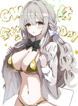 1girl :o absurdres bikini bikini_under_clothes blue_archive blush bow bowtie braid breasts commentary diagonal-striped_bow diagonal-striped_bowtie diagonal-striped_clothes dress_shirt gold_bikini golden_week green_bow green_bowtie grey_hair hair_bow hair_ribbon halo heart heart_in_eye highres large_breasts long_hair looking_at_viewer miyo_(blue_archive) navel open_clothes open_shirt ribbon ribbon_in_braid shirt solo stomach striped_bow striped_bowtie striped_clothes sweat swimsuit symbol_in_eye text_background theon_(te2eo) very_long_hair white_bow white_ribbon white_shirt
