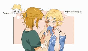 animalization arisu_art bandaged_wrist bandages bandaid bandaid_on_hand blue_tunic border braid commentary couple crown_braid crying earrings english_commentary green_eyes hair_ornament hairclip hetero holding_hands jewelry link nintendo parted_bangs pink_background pointy_ears ponytail princess_zelda shared_clothes short_hair short_ponytail sidelocks sparkling_eyes tears the_legend_of_zelda the_legend_of_zelda:_breath_of_the_wild the_legend_of_zelda:_tears_of_the_kingdom tunic twitter_username upper_body white_border wiping_tears