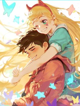1boy 1girl ai-assisted blonde_hair blush brown_hair charliecat700 dress facial_mark fake_horns grin hairband heart heart-shaped_blush_stickers heart_cheeks heart_facial_mark highres hood hoodie horn_hairband horned_headwear horns long_hair marco_diaz marking_on_cheek markings_on_cheeks pantyhose red_hoodie short_hair smile star_butterfly star_vs_the_forces_of_evil