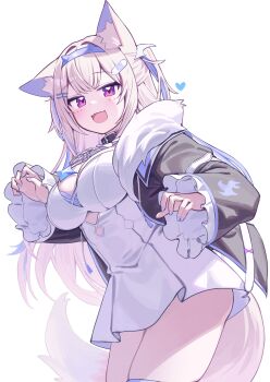 1girl absurdres animal_ears bandaid bandaid_hair_ornament belt belt_collar black_belt black_choker black_collar black_jacket blonde_hair blue_nails blush breasts chain choker collar colored_inner_animal_ears commentary deaver dog_ears dog_girl dog_tail dress fangs fingernails fuwawa_abyssgard fuwawa_abyssgard_(1st_costume) hair_ornament hairclip highres hololive hololive_english jacket large_breasts long_hair long_sleeves looking_at_viewer multicolored_hair nail_polish open_mouth pink_eyes simple_background skin_fangs smile solo streaked_hair tail thighs two-tone_hair virtual_youtuber white_background white_dress yellow_tail