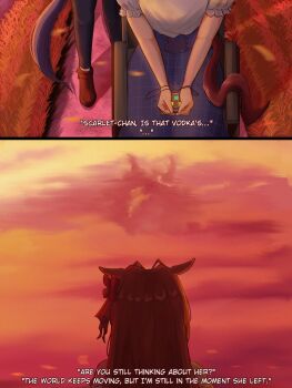 2girls animal_ears black_leggings black_pantyhose blue_skirt brown_hair cloud daiwa_scarlet_(casual)_(umamusume) daiwa_scarlet_(umamusume) ears_down english_text gold_ship_(casual)_(umamusume) gold_ship_(umamusume) hair_intakes highres holding holding_jewelry holding_necklace horse_ears horse_girl horse_tail jewelry johnholl0w leggings long_hair multiple_girls necklace outdoors pantyhose pink_sky pushing_wheelchair shaped_cloud shirt shoes skirt sky tail tear_stain umamusume very_long_hair wheelchair white_shirt