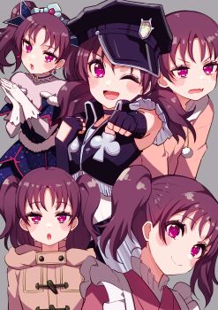 Rule 34 | 1girl, absurdres, apron, awaken the power, believe again, birthday, black gloves, blush, commentary, cream (nipakupa), earrings, fingerless gloves, gloves, highres, jewelry, kazuno leah, long hair, love live!, love live! sunshine!!, love live! sunshine!! the school idol movie over the rainbow, low twintails, maid, maid apron, multiple views, official alternate hairstyle, one eye closed, pink eyes, purple hair, twintails, upper body, white gloves