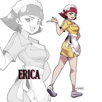 1girl apron artist_name bob_cut breasts catherine_(game) character_name cheesecakes_by_lynx cleavage dress erica_anderson looking_back maid_headdress mole mole_under_mouth pointing red_eyes red_hair shoes short_dress short_hair smile sneakers waitress white_shoes