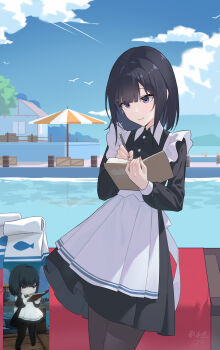 1girl absurdres apron azur_lane black_hair black_pantyhose blue_sky closed_mouth cloud crate game_screenshot_inset highres holding holding_notebook holding_pencil long_sleeves maid maid_apron notebook outdoors pantyhose peary_(azur_lane) pencil pier ping_zhong_yu purple_eyes short_hair signature sky smile solo water writing