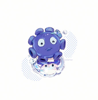 Rule 34 | air bubble, artist name, black eyes, bubble, closed mouth, commentary, expressionless, film grain, frown, fume-shroom (plants vs. zombies), gloom-shroom (plants vs. zombies), halftone, halftone background, highres, hightguy, looking at viewer, mushroom, no humans, no nose, plants vs. zombies, simple background, solid circle eyes, symbol-only commentary, white background