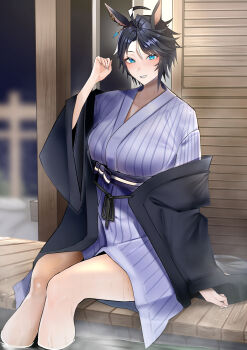 1girl absurdres ahoge animal_ears bath_yukata black_hair black_robe blue_eyes blush breasts ear_ornament fuji_kiseki_(umamusume) grey_kimono hair_between_eyes highres horse_ears horse_girl horse_tail japanese_clothes jitome_no_tsugumi kimono large_breasts long_sleeves looking_at_viewer multicolored_hair onsen open_clothes open_robe parted_lips robe short_hair sitting smile solo tail umamusume white_hair yukata