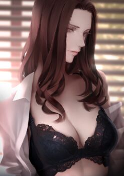 1girl black_bra bra breasts brown_eyes brown_hair cleavage erise expressionless lace lace_bra lingerie long_hair looking_at_viewer medium_breasts open_clothes open_shirt original solo sunlight twilight underwear upper_body window_blinds