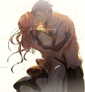 1boy 1girl black_hair blonde_hair blue_jacket braid brooch collared_shirt dress_shirt elbow_gloves closed_eyes gilbert_bougainvillea gloves hair_intakes hug jacket jewelry long_hair pants red_ribbon ribbon scar shine shirt short_hair shou_(sisimai-r) skirt smile violet_evergarden violet_evergarden_(series) white_neckwear white_shirt white_skirt