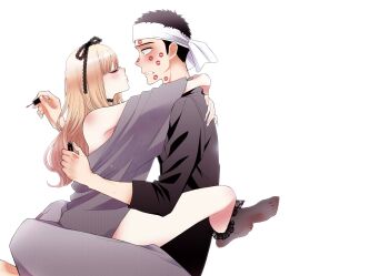 Rule 34 | 1boy, 1girl, black hair, black skirt, blonde hair, blush, bottle, choker, commentary, english commentary, feet, fukuda shinichi, gojou wakana, gyaru, headband, highres, hug, imminent kiss, kitagawa marin, leg lock, lipstick, lipstick mark, makeup, official art, sitting, sitting on lap, sitting on person, skirt, sono bisque doll wa koi wo suru, third-party source, white background