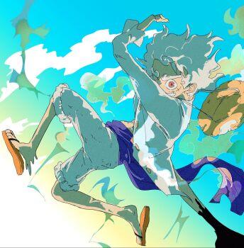 1boy alternate_form commentary full_body gear_fifth hat hiems_xii highres looking_at_viewer male_focus monkey_d._luffy one_piece open_clothes open_shirt pink_eyes purple_sash sandals sash scar scar_on_face shirt shorts smile solo straw_hat thick_eyebrows white_hair white_shirt white_shorts