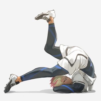 1boy absurdres blonde_hair blue_lock blue_lock_bodysuit chinese_commentary commentary_request dark-skinned_male dark_skin feixingxiaoye from_side full_body highres legs_up looking_at_viewer lying male_focus multicolored_hair on_back pink_eyes pink_hair pose_request shadow shidou_ryuusei short_hair simple_background solo two-tone_hair white_background