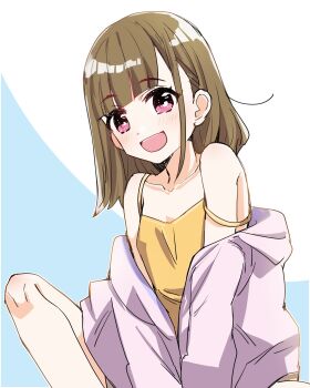 Rule 34 | 1girl, :d, alternate costume, alternate hairstyle, anyoji hime, bare shoulders, blue background, borrowed clothes, breasts, brown hair, camisole, collarbone, commentary request, hair down, highres, jacket, jacket partially removed, kachimachi kosuzu, kanduki kamibukuro, knee up, link! like! love live!, long hair, looking at viewer, love live!, off shoulder, open mouth, pink eyes, pink jacket, side ahoge, sidelocks, simple background, sitting, small breasts, smile, solo, strap slip, virtual youtuber, yellow camisole