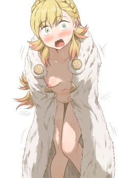 1girl blonde_hair blonde_pubic_hair blush braid breasts coat collarbone commentary_request commission covering_breasts covering_privates embarrassed female_pubic_hair fire_emblem fire_emblem_heroes fur_coat green_eyes kuhuku006f86 looking_at_viewer multicolored_hair naked_coat navel nintendo nipples nude official_alternate_costume open_mouth pubic_hair red_hair sharena_(fire_emblem) sharena_(hopeful_princess)_(fire_emblem) simple_background skeb_commission small_breasts solo standing two-tone_hair wavy_mouth white_background wide-eyed