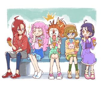 5girls :i ahoge bite_mark blue_eyes blush bright_pupils brown_hair closed_eyes commentary_request dress food food_on_face glasses green_eyes hand_on_own_cheek hand_on_own_face hands_up holding holding_food holding_ice_cream hood hoodie ice_cream ichinose_minori kururun_(precure) laura_la_mer looking_at_another multiple_girls natsuumi_manatsu notice_lines on_bench open_mouth orange_hair piku_(another_pikuru) pink_hair precure purple_eyes purple_hair raised_inner_eyebrows red_hoodie round_eyewear sitting surprised suzumura_sango sweatdrop takizawa_asuka teardrop tropical-rouge!_precure two_side_up u_u wavy_eyes